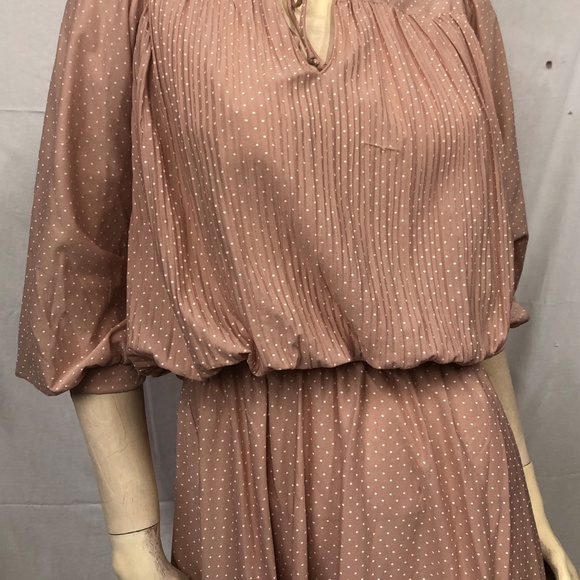 VTG 70s TROLLEY CAR Blush Pleated Bodice Button 3/4" Sleeve Secretary Dress L - Picture 4 of 13